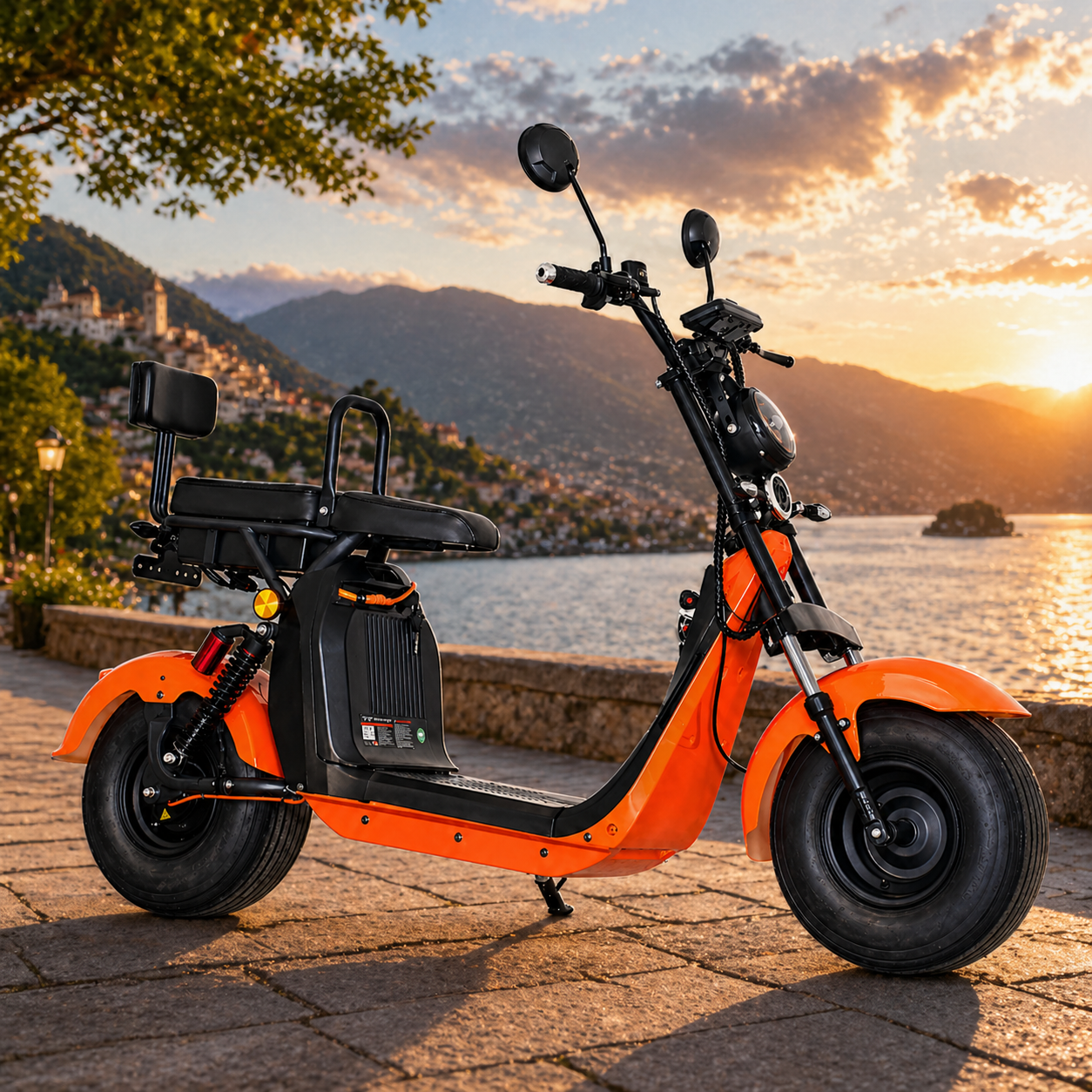 Scuter Electric 2 Persoane, Viteză Limitată 25 km/h – Fără Permis, Viteza maxima 25km/h, Autonomie 45 km, Motor 1500W, Baterie 20Ah, Suspensie Hidraulică, COC Inclus