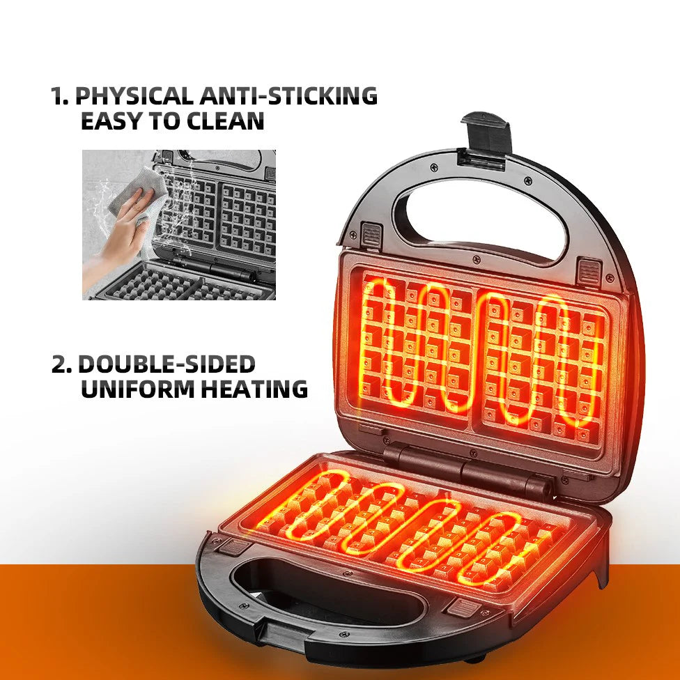 Sandwich Maker 3 în 1 HALEY® HY-1031, Plăci Antiaderente, Grill și Waffle, Design Compact, Negru