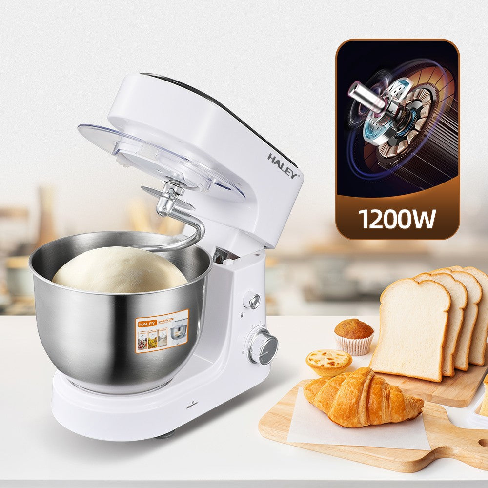 Mixer Profesional HALEY HY-2409, 1200W, Bol 6L Inox, 6 Viteze + Pulse, Alb/Inox, Silențios, Protecție Întrerupere
