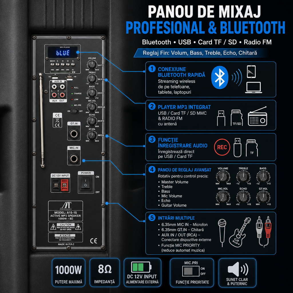 Boxă portabilă profesională AT Performance A15-15, 800W, Karaoke, Bluetooth, Microfon wireless, Baterie reîncărcabilă