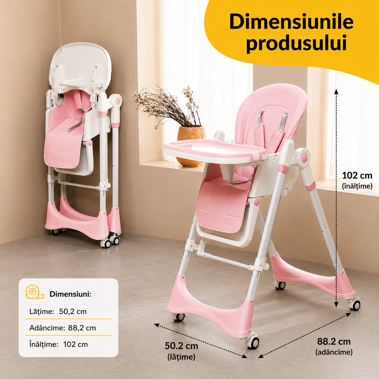 Scaun de Masă pentru Bebe AT PERFORMANCE, Pliabil, Reglabil pe Înălțime 5 Poziții, Tavă Detașabilă, 4 Roți, Suport Picioare, Max. 15 kg