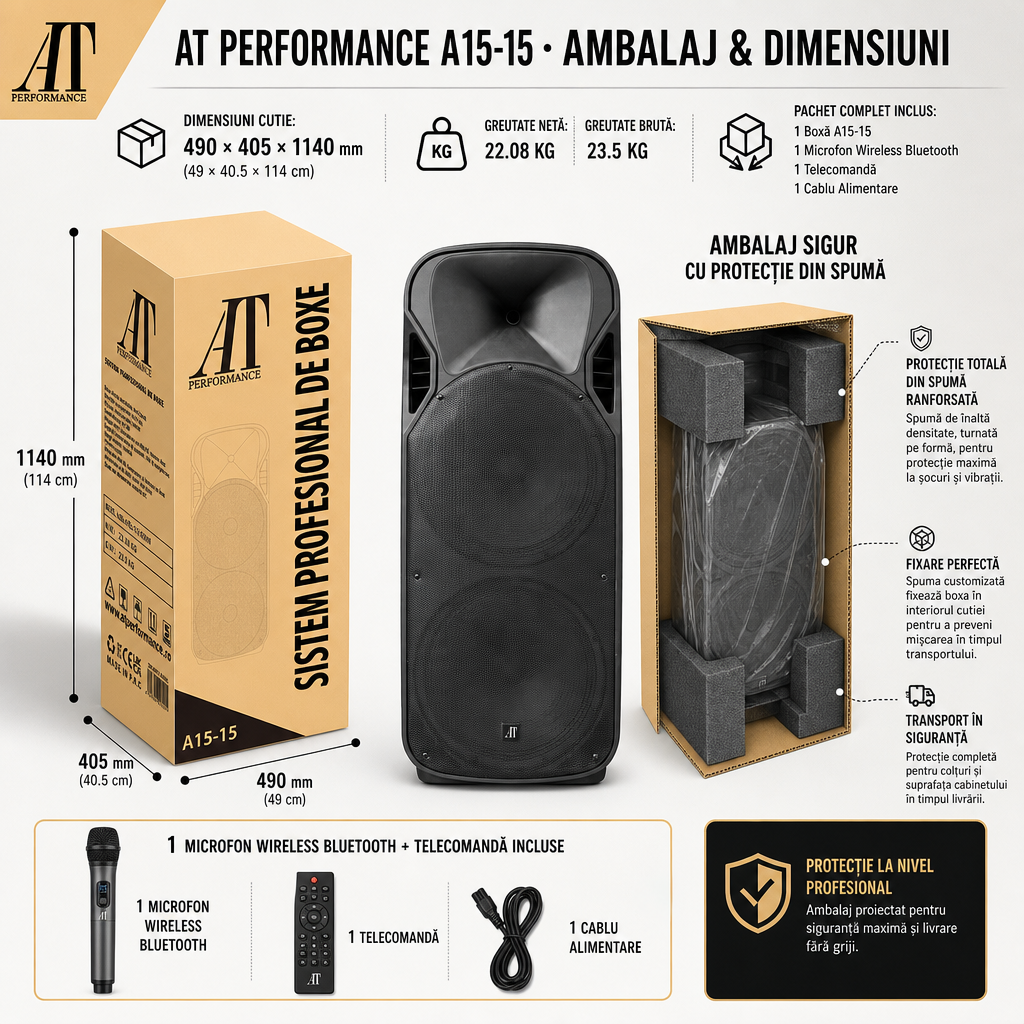 Boxă portabilă profesională AT Performance A15-15, 800W, Karaoke, Bluetooth, Microfon wireless, Baterie reîncărcabilă