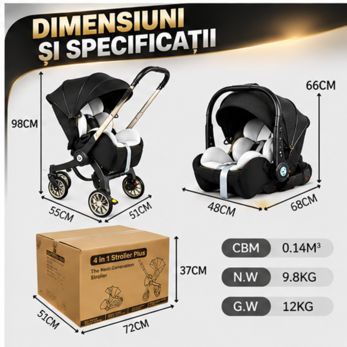 Cărucior 4 în 1 pentru Bebeluși Stroller Plus 2053 – Sistem Multifuncțional, 0-3 Ani