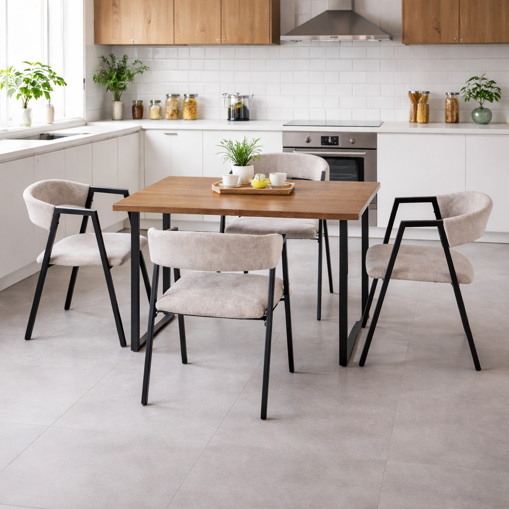 Set Masă Bucatarie Si Sufragerie 120x70 cm cu 4 Scaune, Blat Lemn, Cadru Metalic – Stil Modern