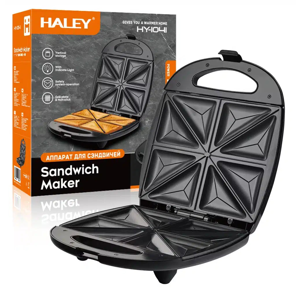Aparat de Sandwich-uri HALEY HY-1041, 1400W, 8 Triunghiuri, Plăci Antiaderente, Încălzire Rapidă, Indicator Luminos, Negru