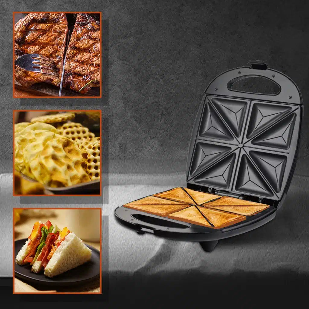 Aparat de Sandwich-uri HALEY HY-1041, 1400W, 8 Triunghiuri, Plăci Antiaderente, Încălzire Rapidă, Indicator Luminos, Negru