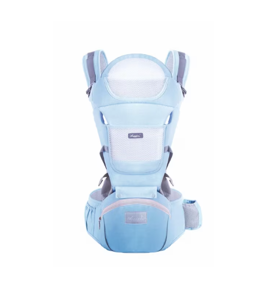 Marsupiu bebe, Ergonomic, AT PERFORMANCE®, Multifunctional, Purtare copil in fata sau in spate, Cu sezut, purtare pe sold sau pe umeri, 0-36 luni, Bumbac, 12 Pozitii, albastru deschis