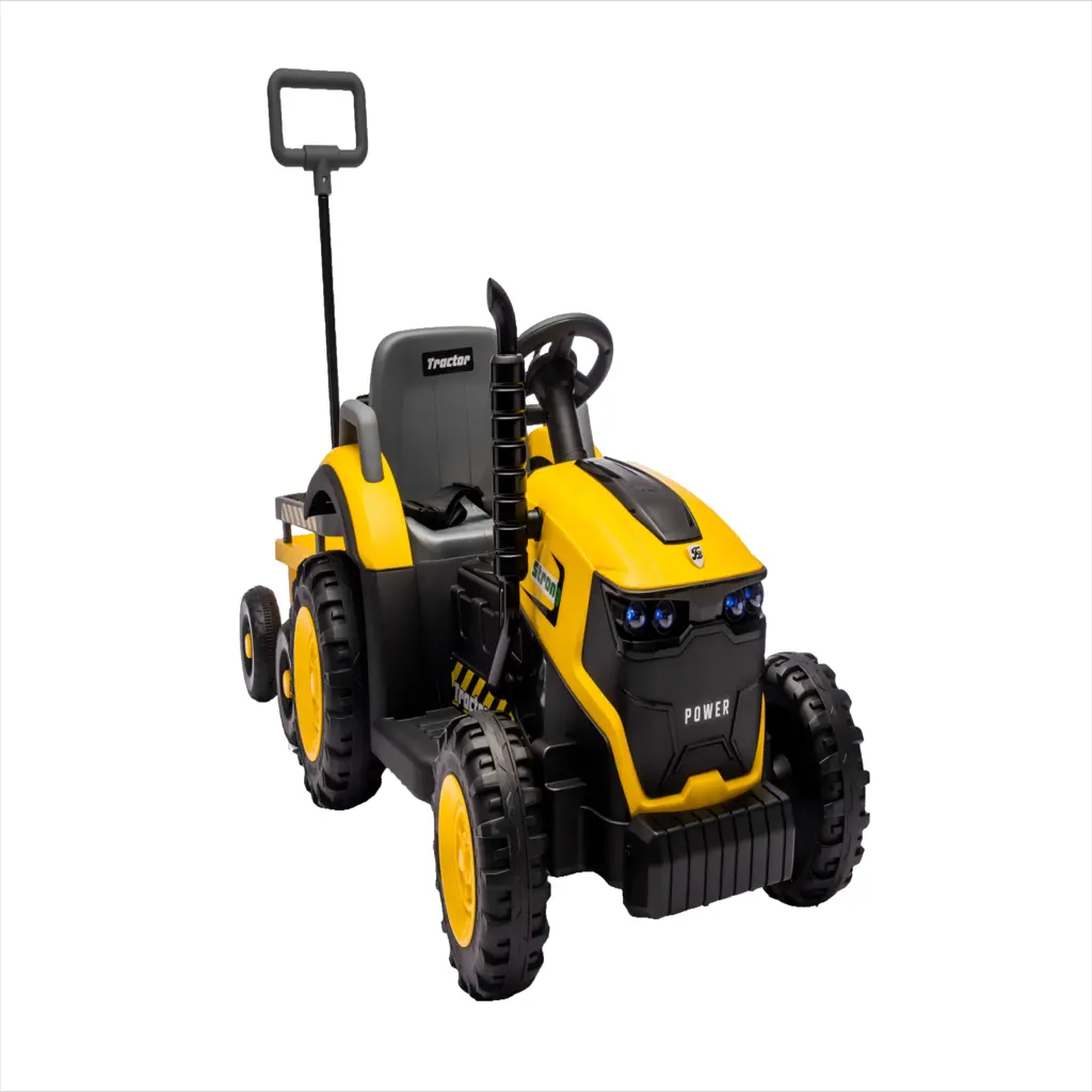 Tractor Electric KIDOO pentru Copii cu Telecomandă 2.4G, Remorcă Detașabilă, 12V 4.5Ah, 2 Motoare 380, Lumini LED, Muzică, Centură de Siguranță, Galben/Gri