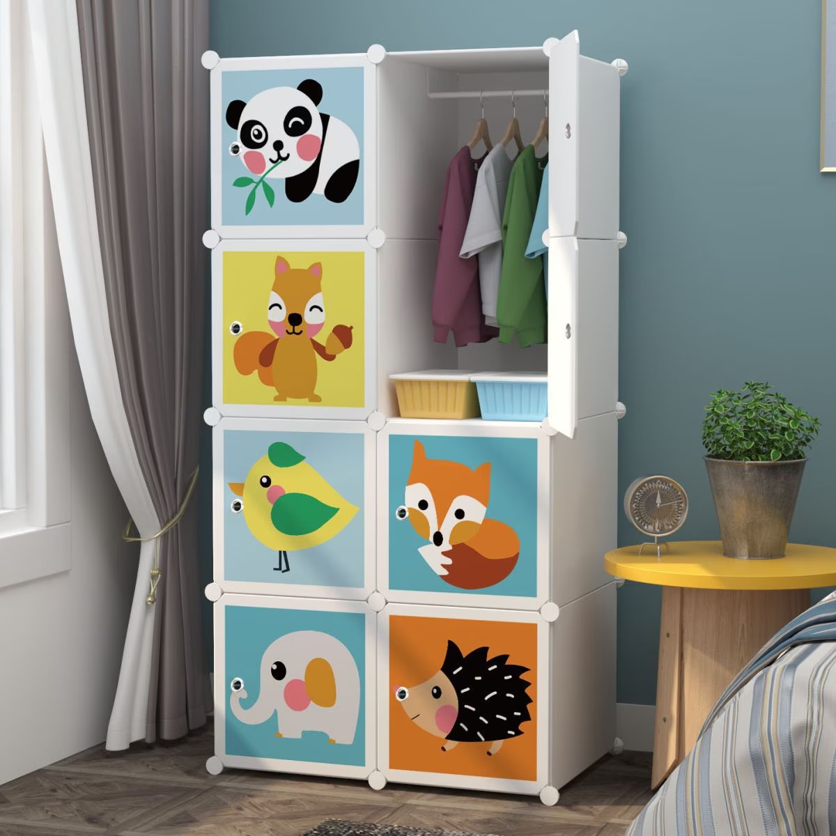 Dulap modular pentru copii, AT PERFORMANCE®, 8 rafturi Alb, Design Jucăuș cu Animăluțe 🦊🐼🐘