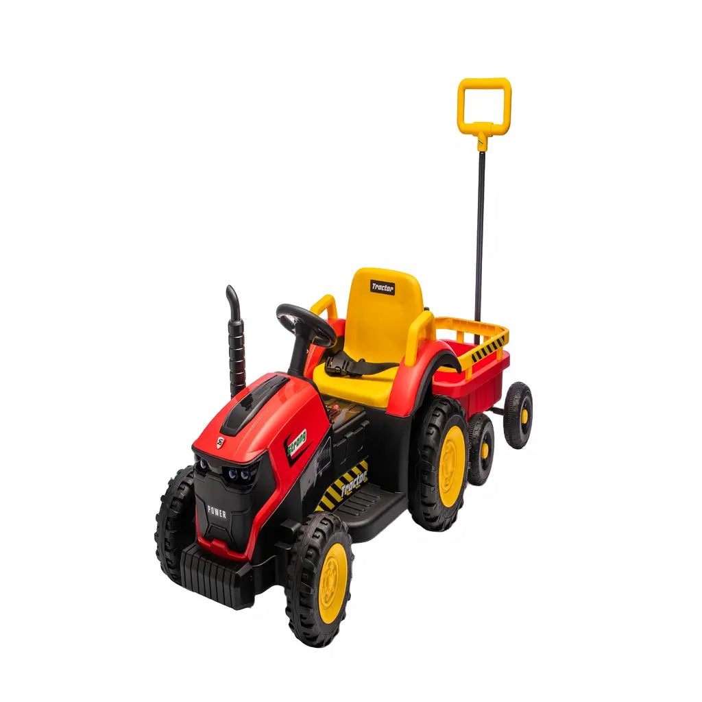 Tractor Electric KIDOO pentru Copii cu Telecomandă 2.4G, Remorcă Detașabilă, 12V 4.5Ah, 2 Motoare 380, Lumini LED, Muzică, Centură de Siguranță, Roșu/Galben