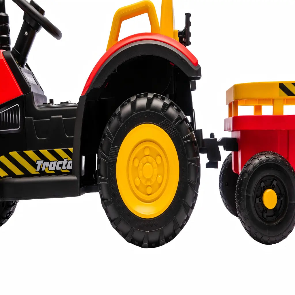 Tractor Electric KIDOO pentru Copii cu Telecomandă 2.4G, Remorcă Detașabilă, 12V 4.5Ah, 2 Motoare 380, Lumini LED, Muzică, Centură de Siguranță, Roșu/Galben