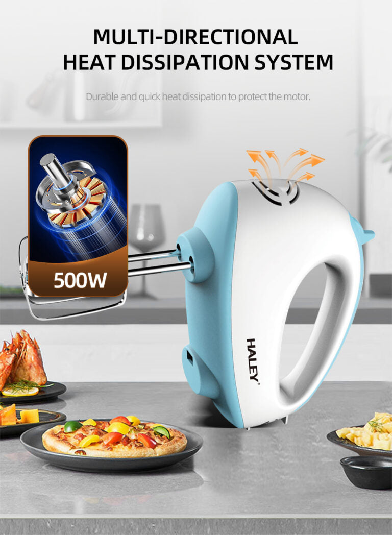 Mixer de Mână Haley 500W, 7 Trepte Viteză, Alb/Albastru, Silențios, Accesorii Incluse
