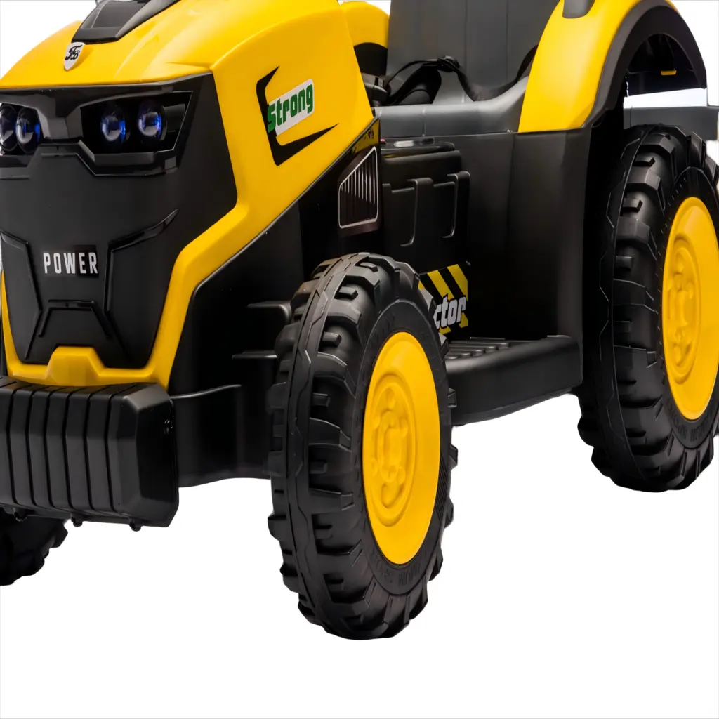 Tractor Electric KIDOO pentru Copii cu Telecomandă 2.4G, Remorcă Detașabilă, 12V 4.5Ah, 2 Motoare 380, Lumini LED, Muzică, Centură de Siguranță, Galben/Gri