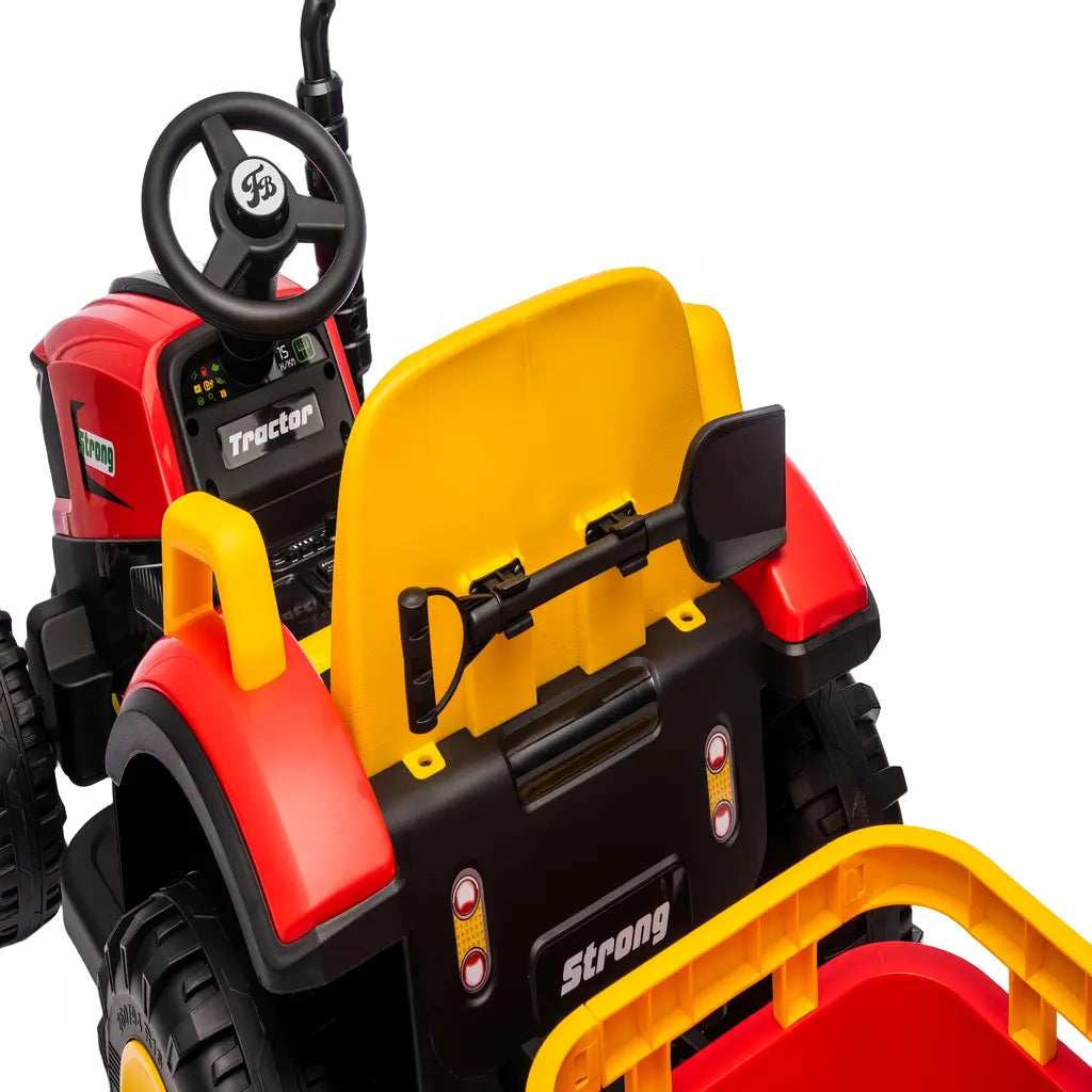 Tractor Electric KIDOO pentru Copii cu Telecomandă 2.4G, Remorcă Detașabilă, 12V 4.5Ah, 2 Motoare 380, Lumini LED, Muzică, Centură de Siguranță, Roșu/Galben