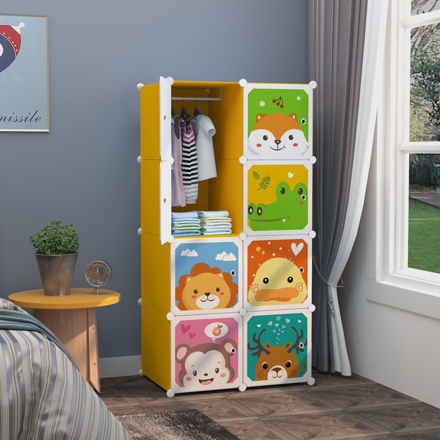 Dulap modular pentru copii, portocaliu, AT PERFORMANCE®, 8 rafturi, durabil, 76x37x147 cm, animalute