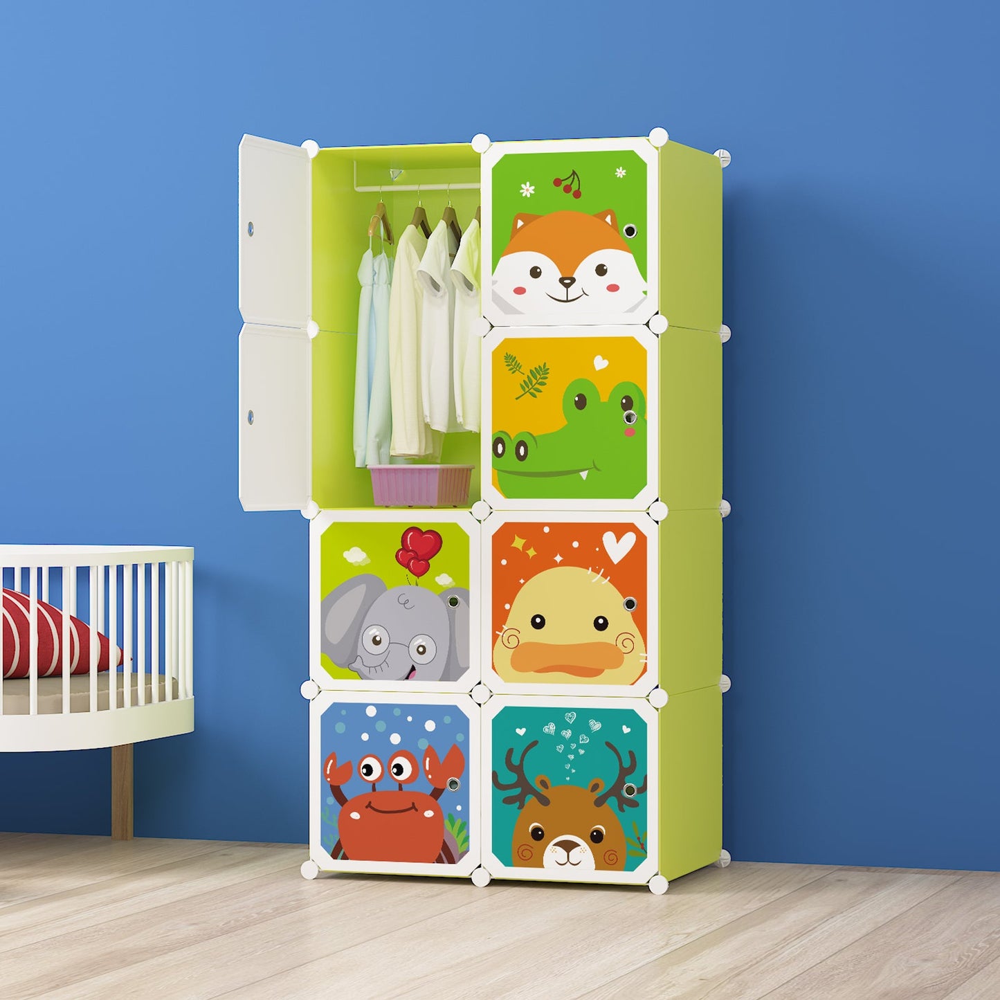 Dulap Modular cu 8 Rafturi – Verde, cu Animăluțe 🦁🐒🐘