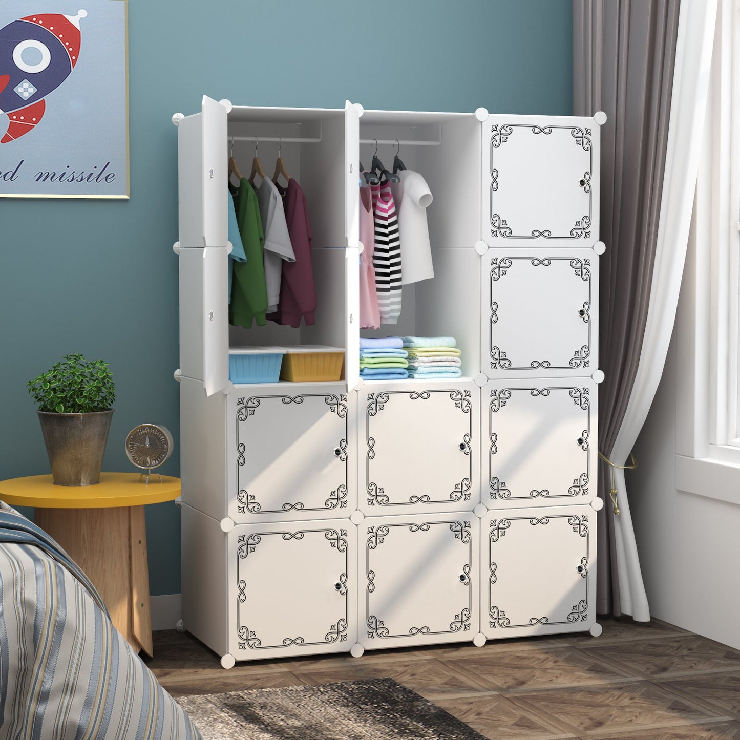 Dulap modular pentru copii, AT PERFORMANCE®, 12 rafturi, durabil, 110X37X147 cm, alb cu model
