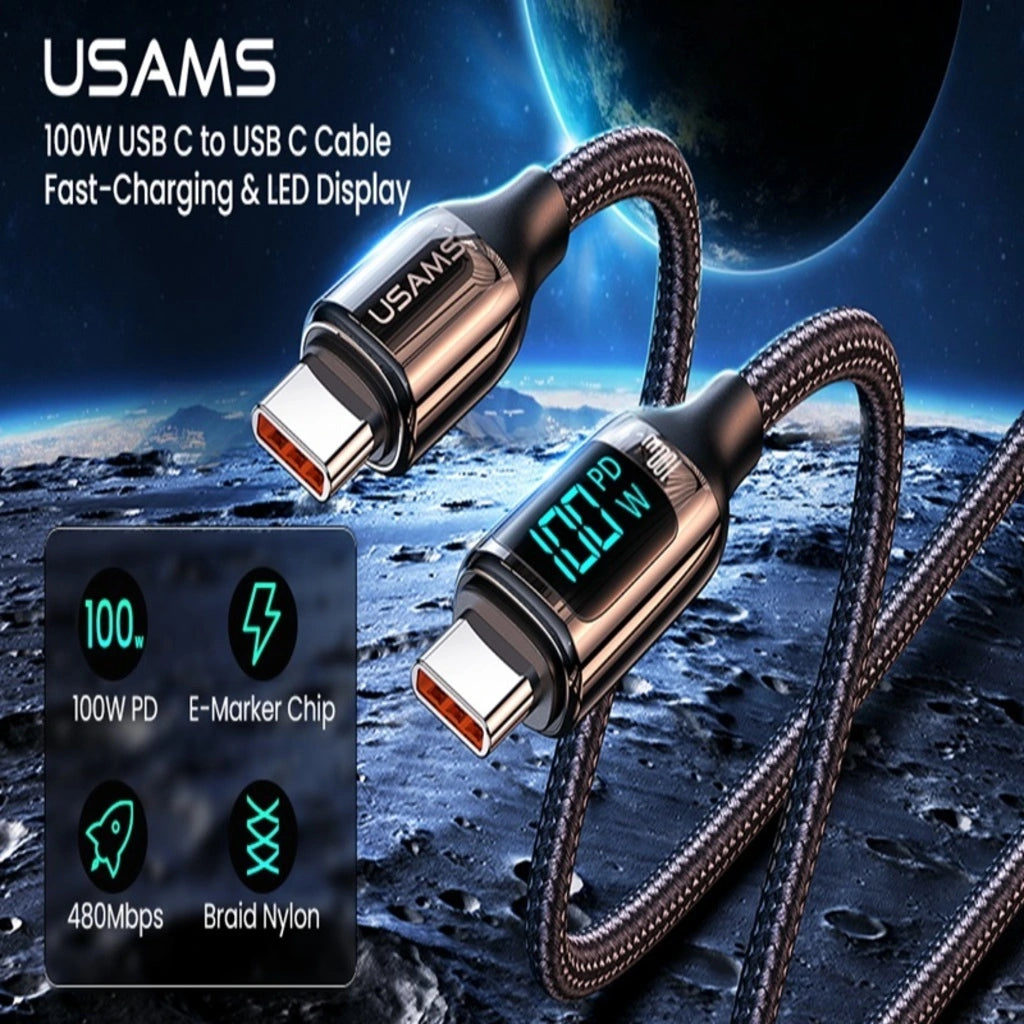 Cablu de Date & Încărcare Rapidă USAMS Shadow Series, USB-C la USB-C, 100W PD, Display Digital LED, Nylon Împletit, 1.2m