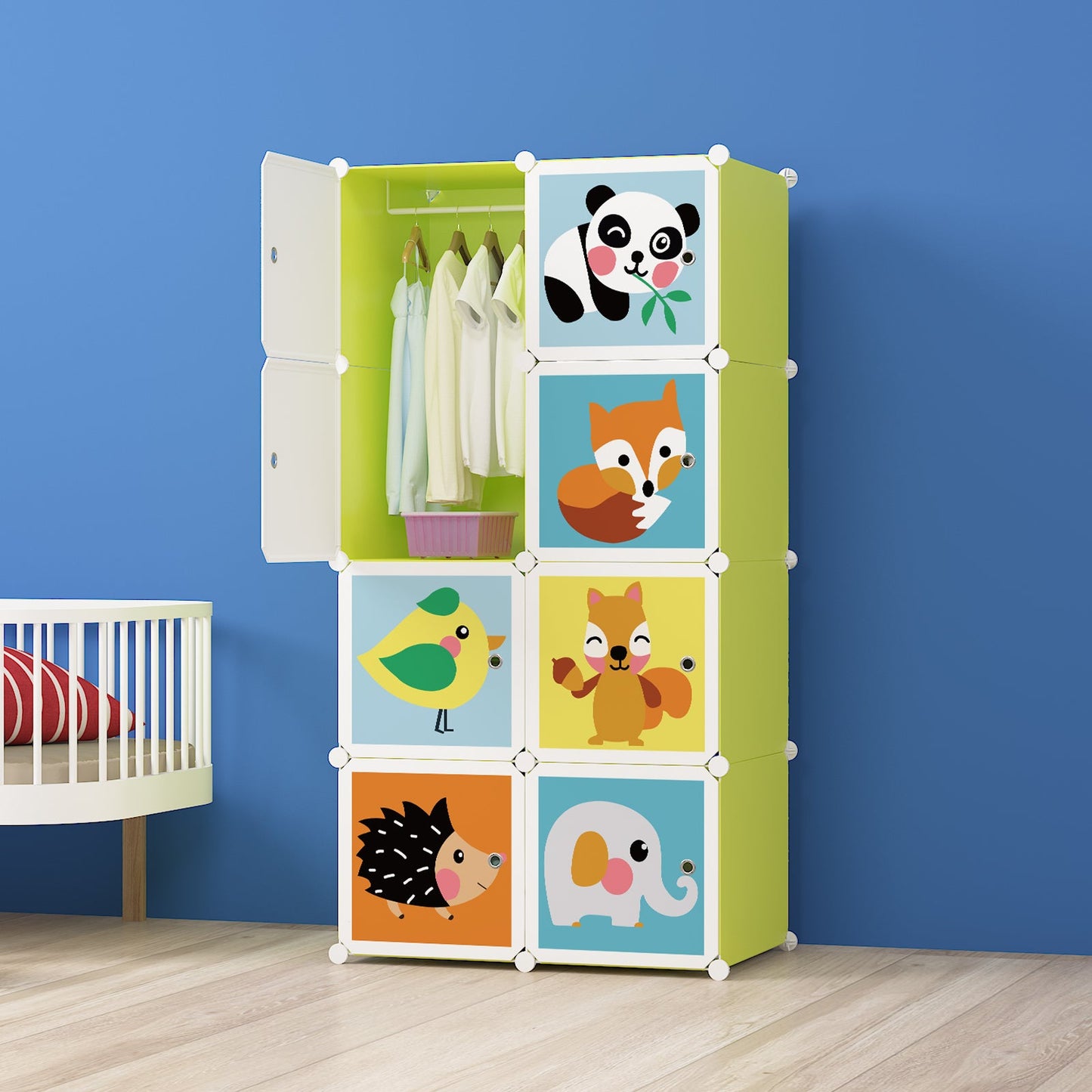 Dulap modular pentru copii, AT PERFORMANCE®, 8 rafturi, Design Jucăuș cu Animăluțe 🦊🐼🐘