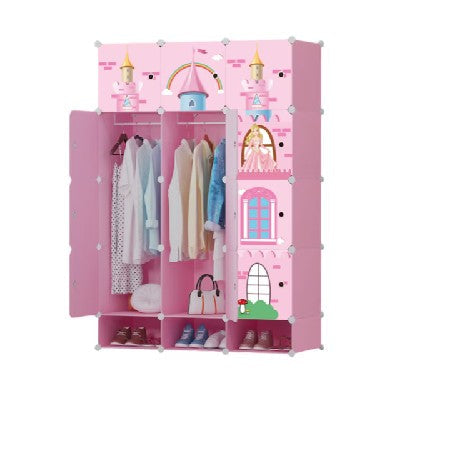 Dulap Modular pentru Copii, Roz, 15 Rafturi, Design Castel Prințese, 110x47x163 cm – Durabil și Spațios