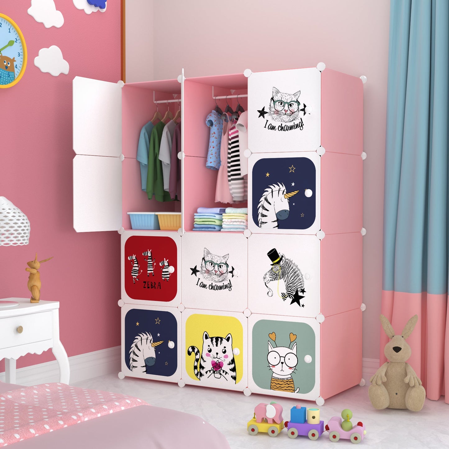 Dulap modular pentru copii, Alb/Roz, AT PERFORMANCE®, 12 rafturi, durabil 110X37X147 cm