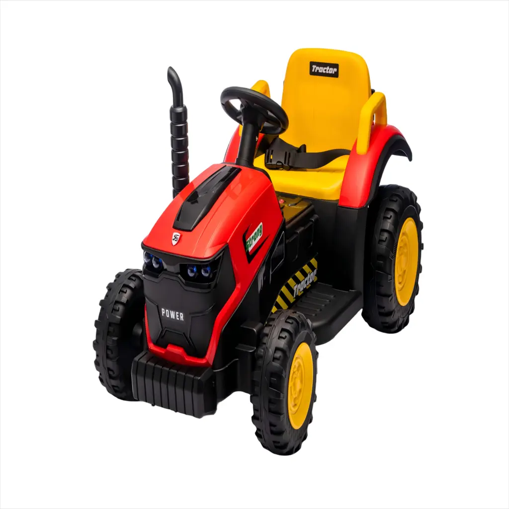 Tractor Electric KIDOO pentru Copii cu Telecomandă 2.4G, Remorcă Detașabilă, 12V 4.5Ah, 2 Motoare 380, Lumini LED, Muzică, Centură de Siguranță, Roșu/Galben
