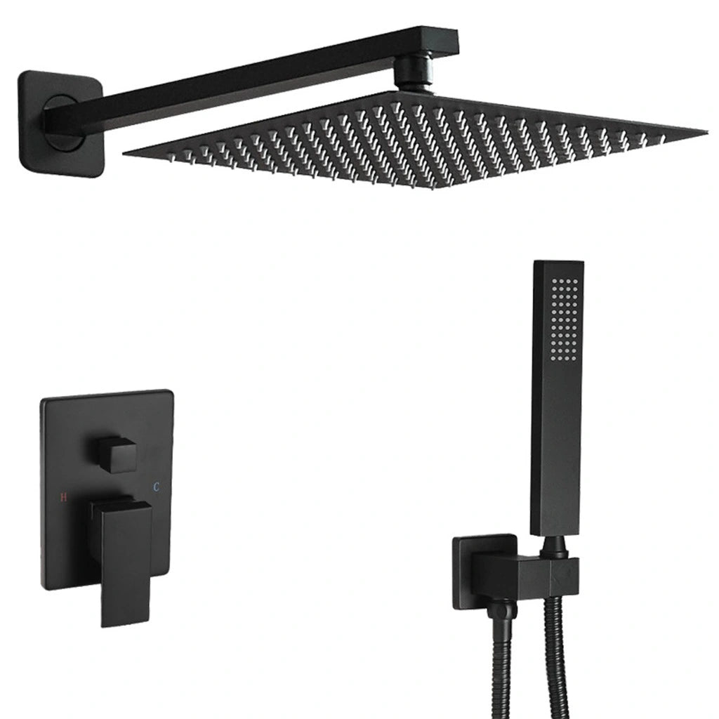 Sistem de Cadă-Duș negru mat, montaj pe perete, cap ploaie 10” și pară de duș, presiune înaltă