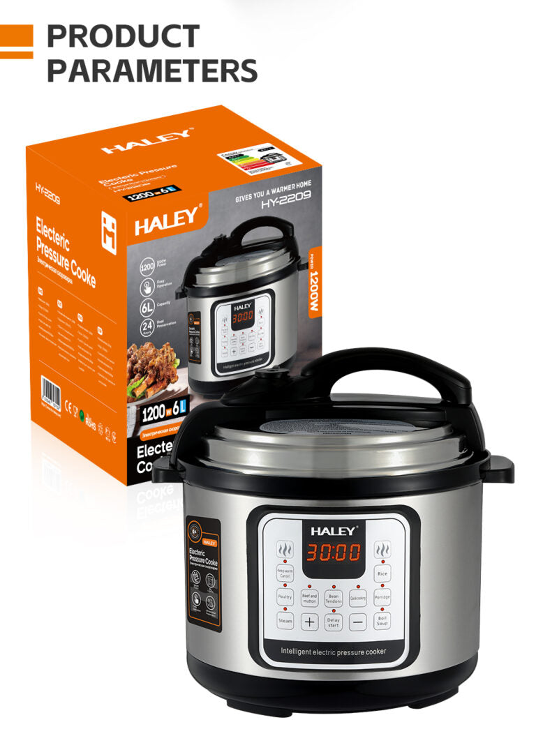 Oală Sub Presiune Electrică Multifuncțională HALEY 10 în 1, 1200W, 6L, Negru/Argintiu – Gătire Rapidă și Inteligentă