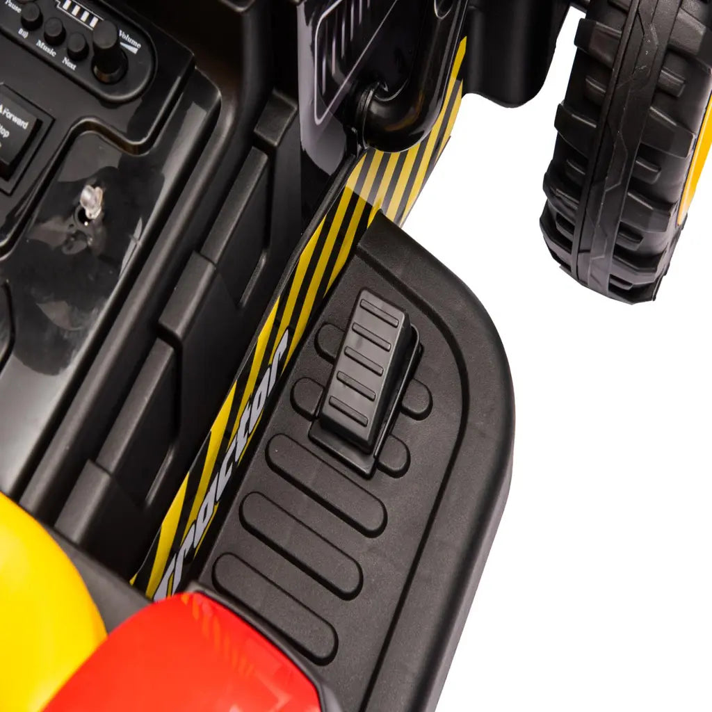 Tractor Electric KIDOO pentru Copii cu Telecomandă 2.4G, Remorcă Detașabilă, 12V 4.5Ah, 2 Motoare 380, Lumini LED, Muzică, Centură de Siguranță, Roșu/Galben