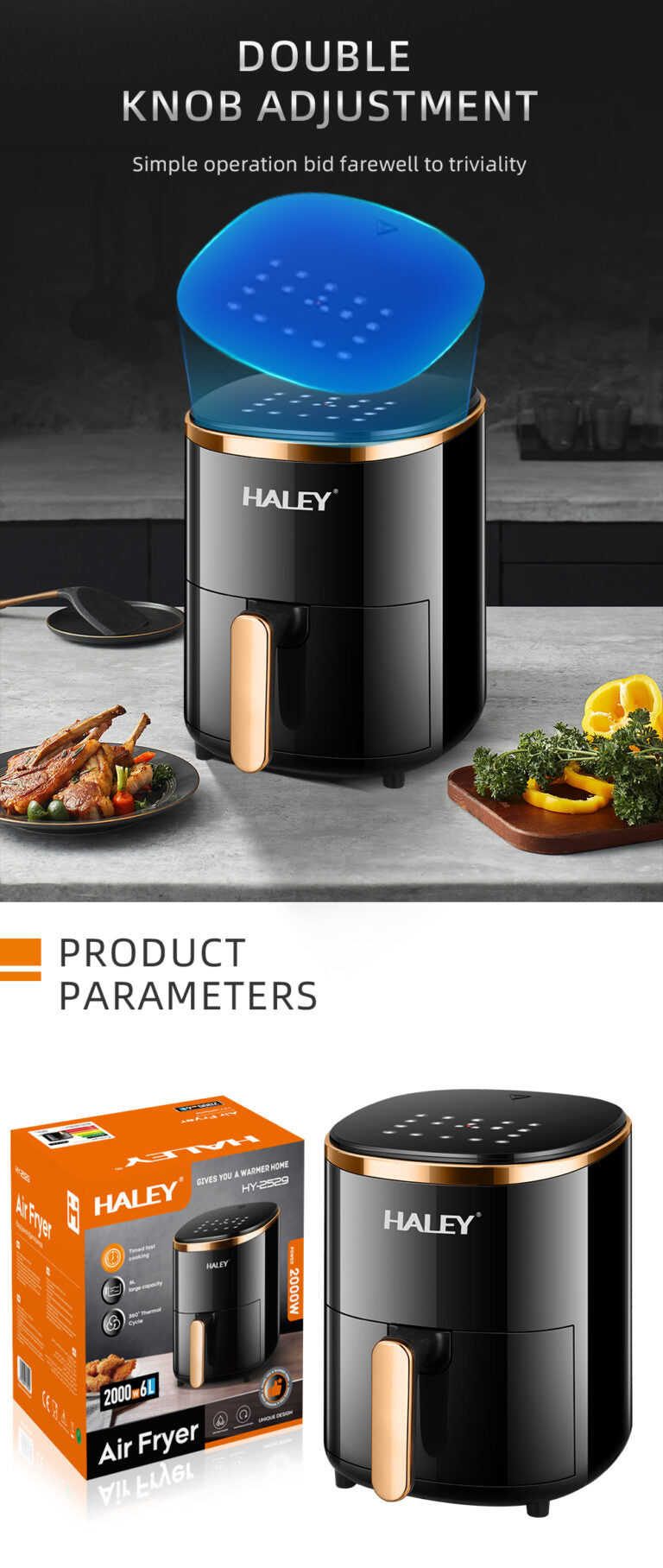Friteuza cu Aer HALEY, 6L, 2000W, Performanta Moderna pentru Gatit Sanatos, Negru