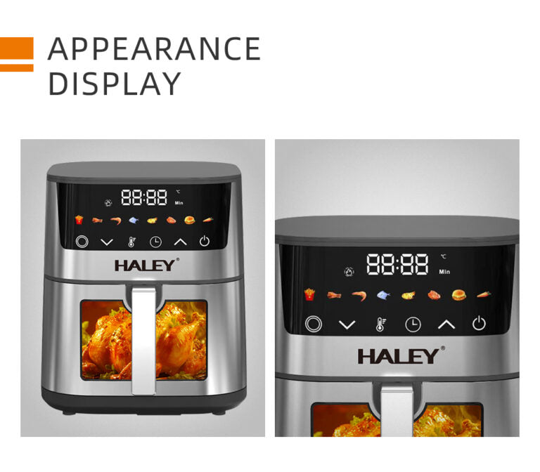 Friteuză cu Aer Cald HALEY 7L, 2000W cu Gătire 360°, Ecran Tactil, Geam de Vizualizare 180°, 8 Programe – Gătit Sănătos și Crocant fără Ulei