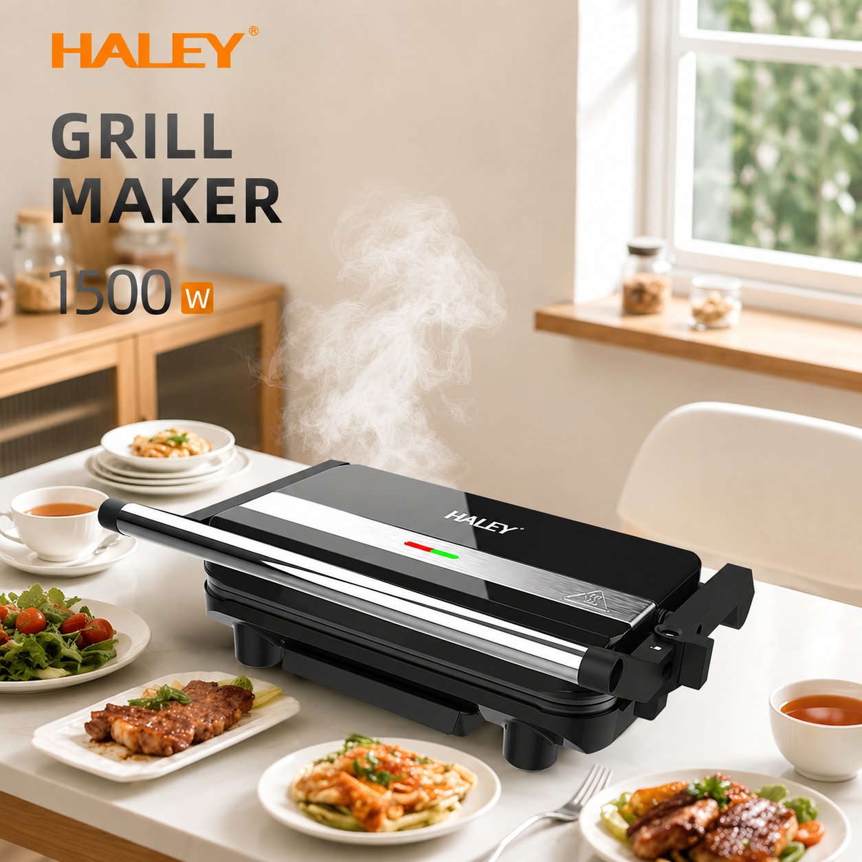 Aparat Panini Maker HALEY HY-8615, 1500W, Plăci Antiaderente, Control Automat al Temperaturii, Balama Flotantă, Deschidere 105°, Indicatoare Luminoase