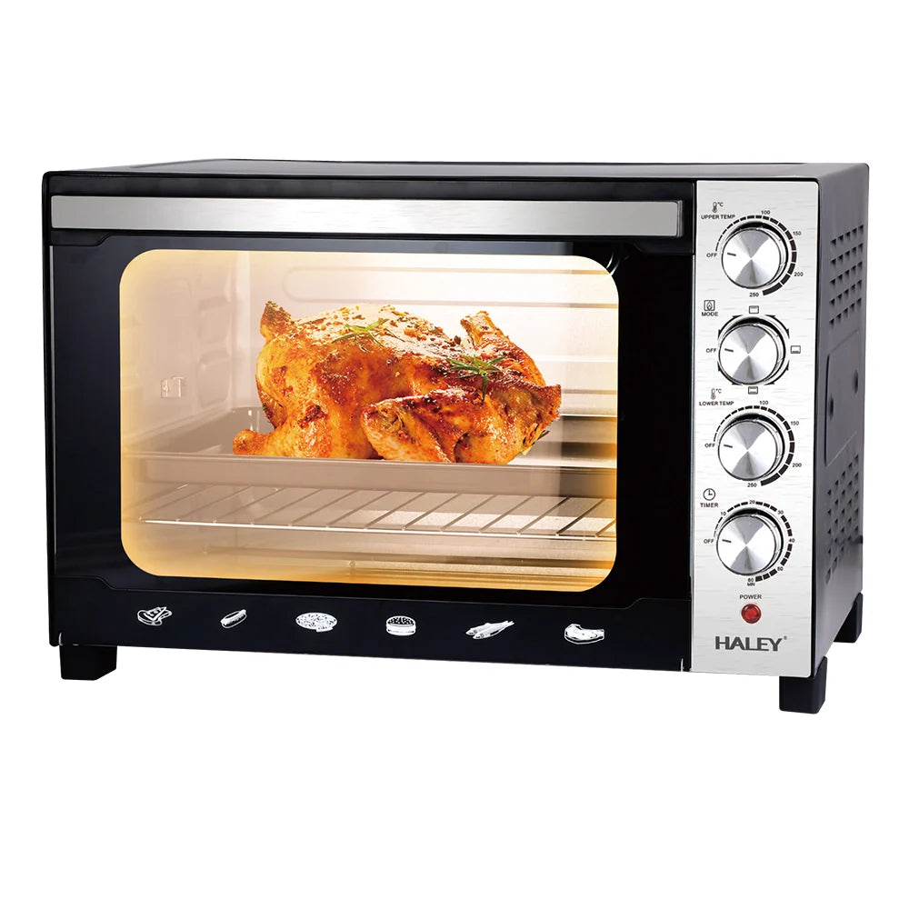 Cuptor Electric HALEY HY-5160, 2800W, 60L – Negru/Argintiu, Încălzire 360°, Rotisor, Timer, 4 Tuburi, Operare Simplă