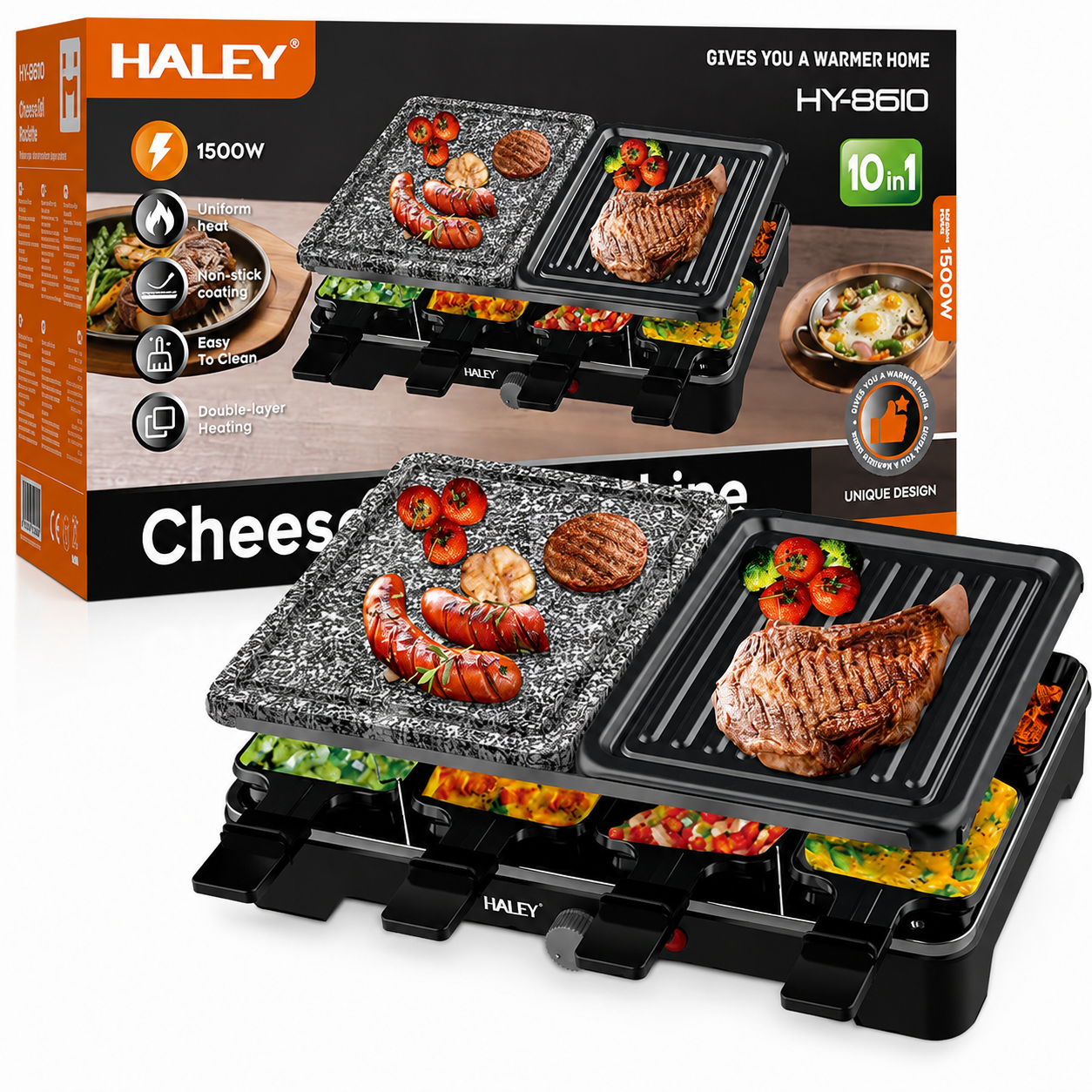 Grill Electric Multifuncțional HALEY HY-8610, 10 în 1, 1500W, Raclette cu 8 Tăvițe, Placă Grill și Piatră pentru Gătit, Temperatură Reglabilă