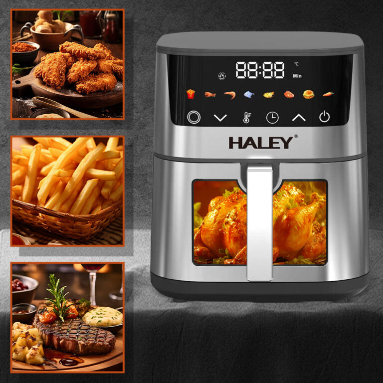Friteuză cu Aer Cald HALEY 7L, 2000W cu Gătire 360°, Ecran Tactil, Geam de Vizualizare 180°, 8 Programe – Gătit Sănătos și Crocant fără Ulei