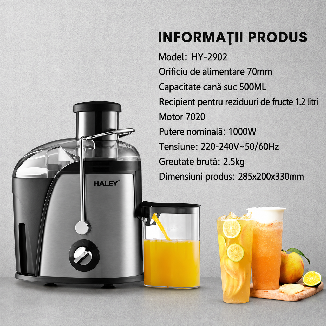 Storcător De Fructe Și Legume HALEY HY-2902, 1000W, 3 Viteze + Pulse, Tub Alimentare 65 mm, Recipient Pulpă 1.2L, Recipient Suc 0.5L, Filtru Din Oțel Inoxidabil