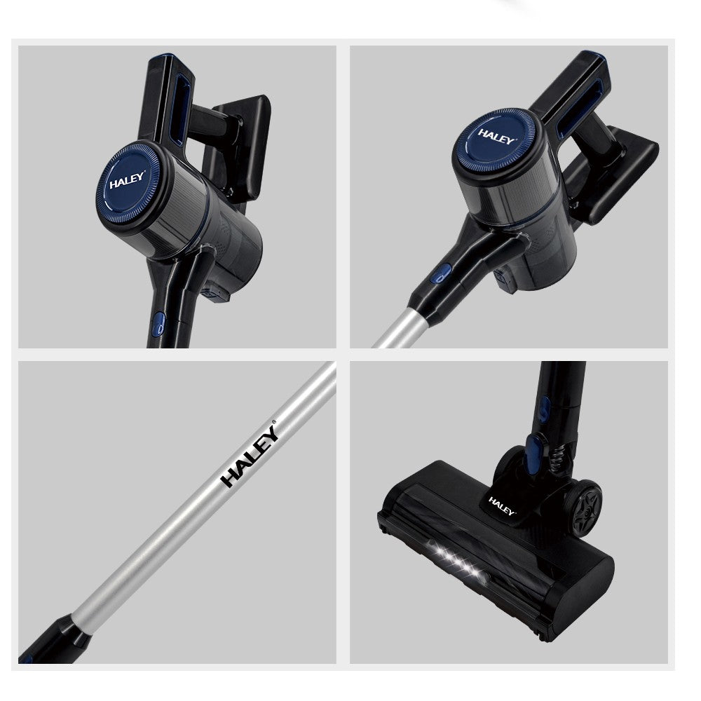 Aspirator Vertical cu Fir 2 în 1 HALEY®, 300W, 22.2V, Autonomie 35 Min, Perie LED, Filtru Lavabil, Recipient 1L, Negru/Argintiu