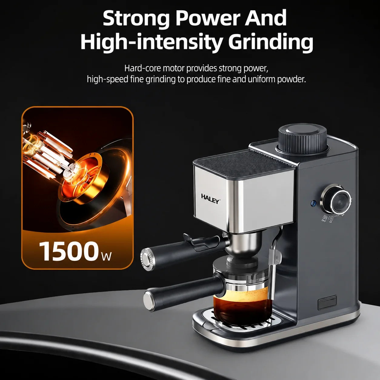 Espressor de Cafea HALEY HY-2822, 1500W, 5 Bar, Rezervor 350 ml, Sistem Spumare Lapte, Filtru Inox, Carafă din Sticlă Borosilicată