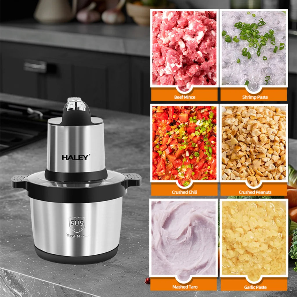 Tocător Electric HALEY HY-1248, 1500W, Bol Inox 8L, 4 Lame din Oțel Inoxidabil, 3 Trepte de Viteză, pentru Carne și Legume