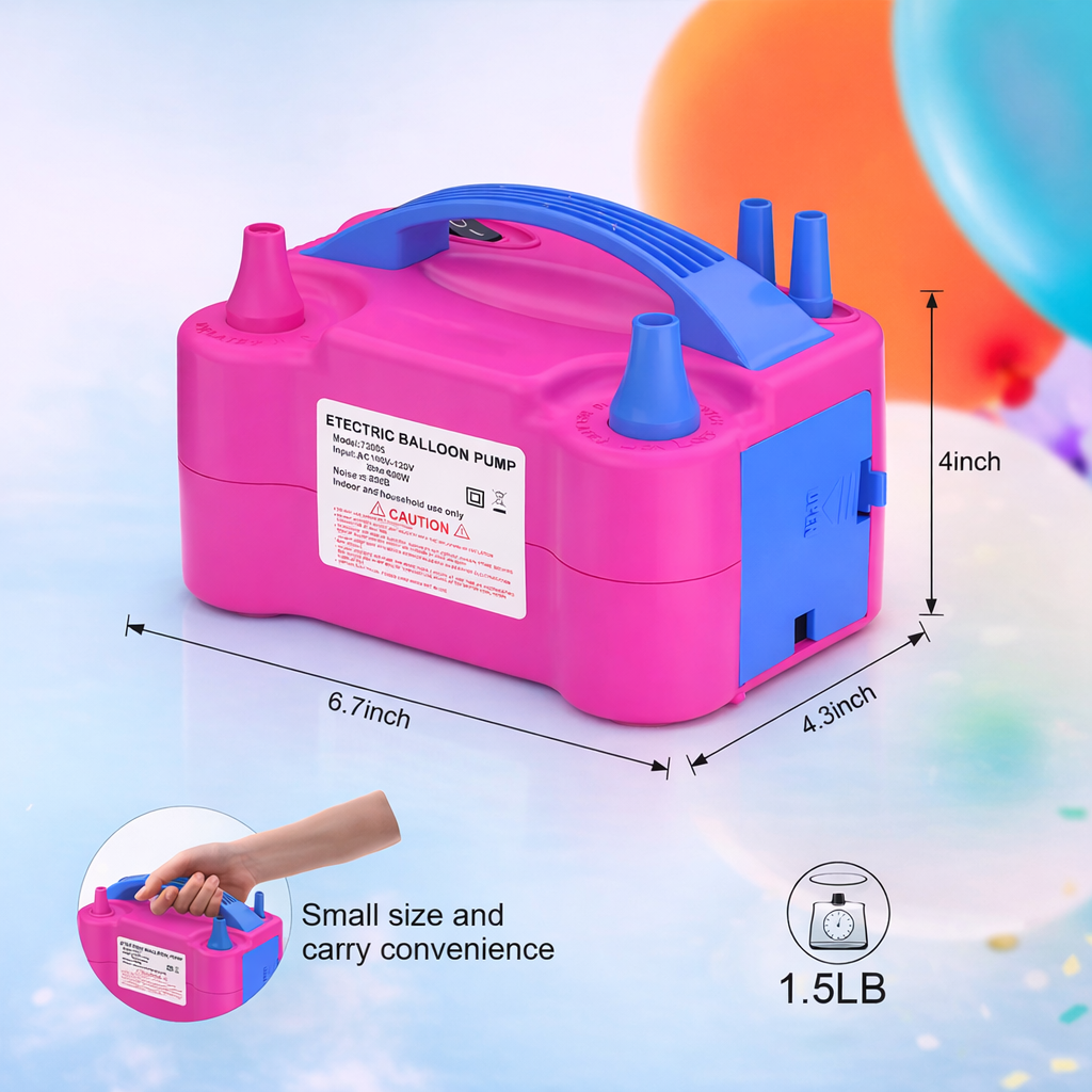 Compresor Profesional pentru umflat baloane si obiecte gonflabile, Putere 600 W, Alimentare 220 V, Culoare Roz / Albastru