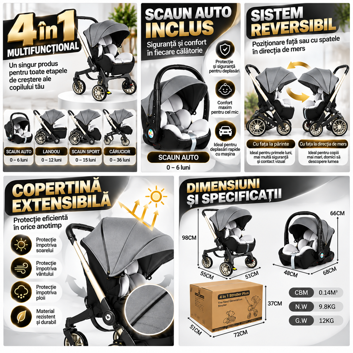 Cărucior 4 în 1 pentru Bebeluși Stroller Plus 2053 – Sistem Multifuncțional, 0-3 Ani