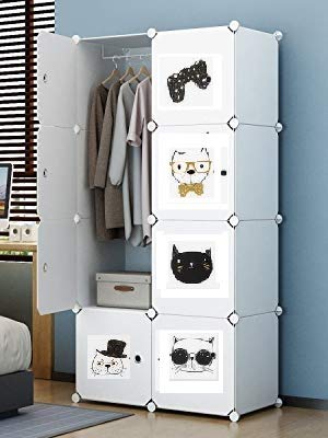 Dulap modular pentru copii 8 rafturi , AT PERFORMANCE® , Alb cu pisicute 🐱🎀👓🎩