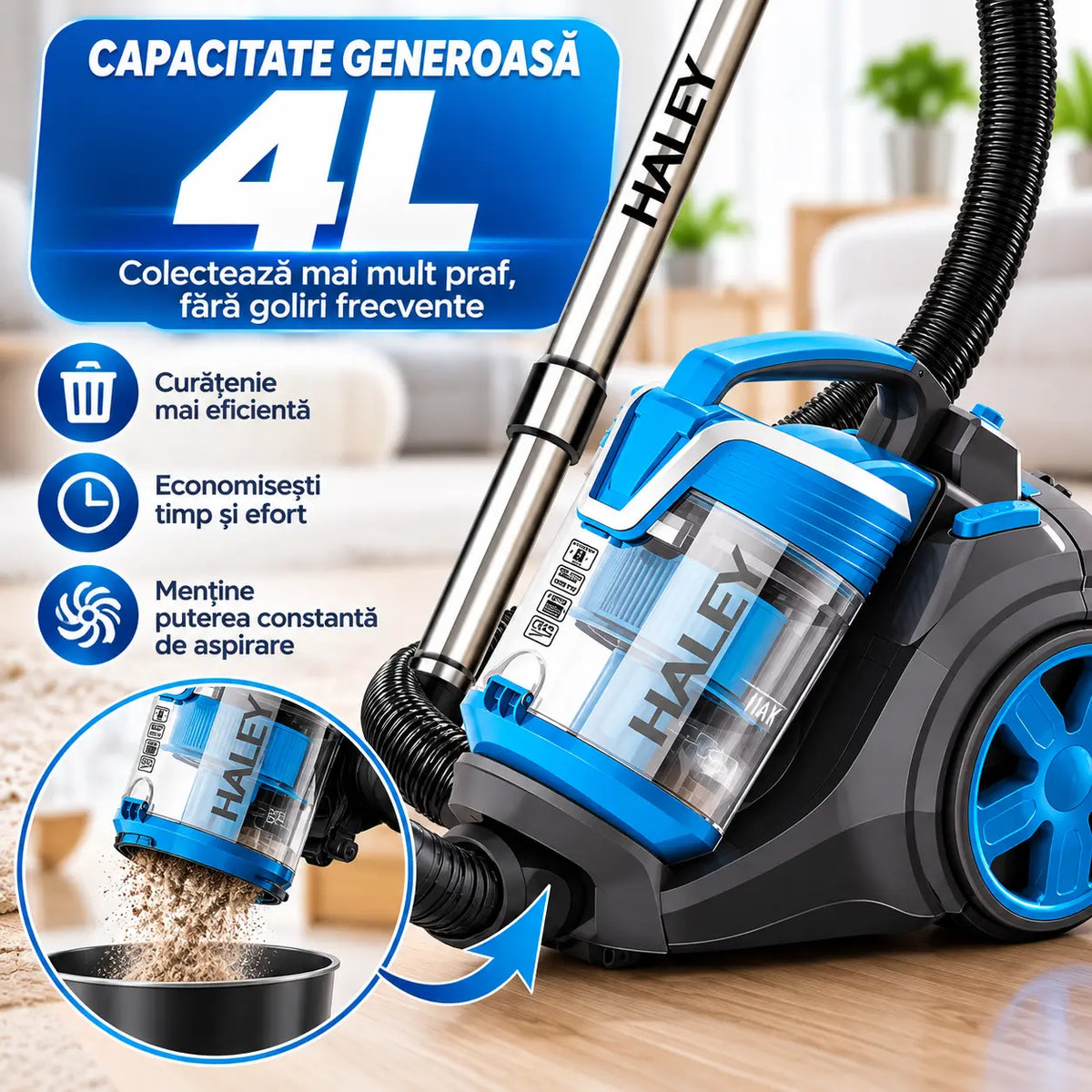 Aspirator cu Sac HALEY 4L, 3000W, Aspirator de praf Aspirator puternic cu fir, de calitate, cu ciclon