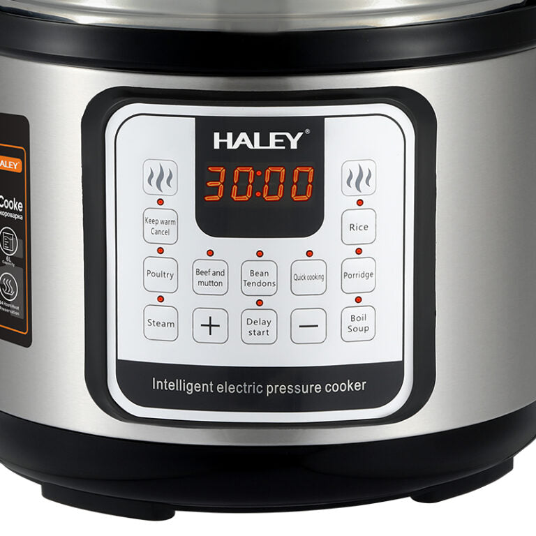 Oală Sub Presiune Electrică Multifuncțională HALEY 10 în 1, 1200W, 6L, Negru/Argintiu – Gătire Rapidă și Inteligentă