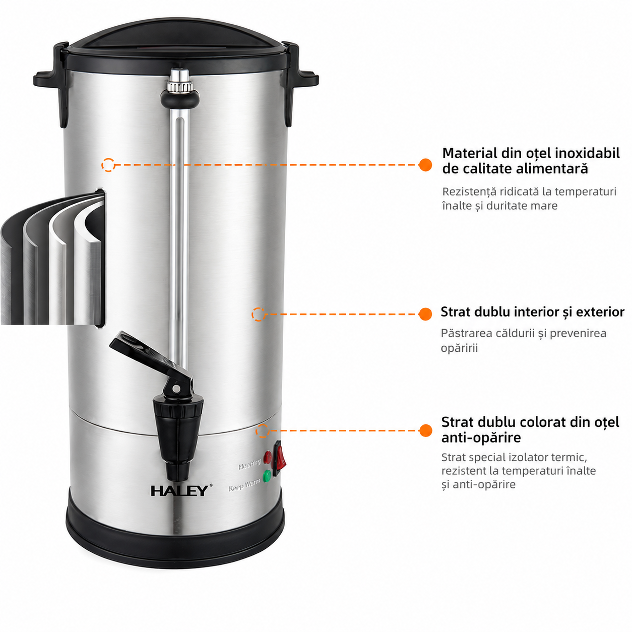 Termos Electric Profesional HALEY HY-6935L, 35L, 2500W, Inox 304, Robinet, Indicator Nivel Apă, Menținere Temperatură