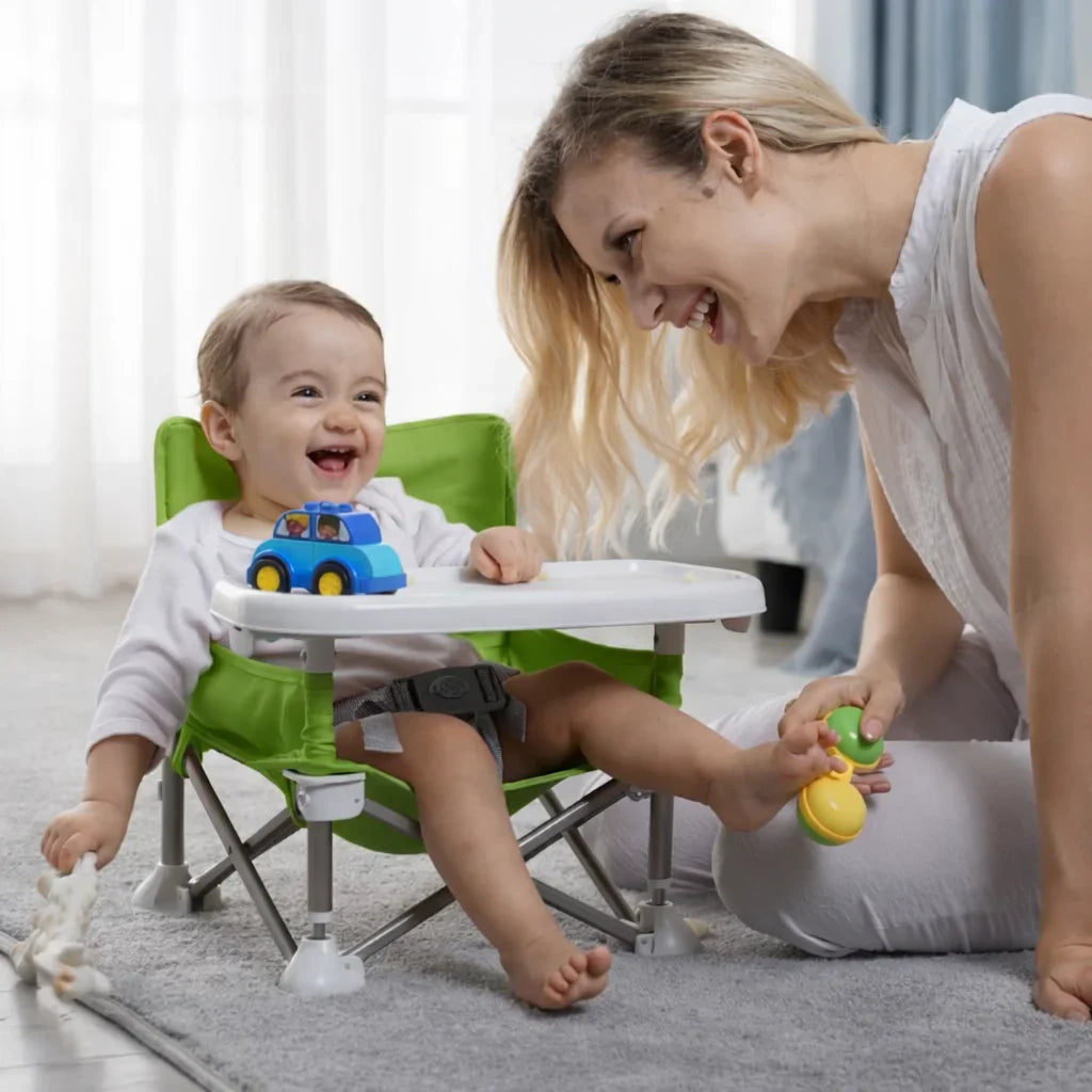 Scaun bebe, pliabil, compact, portabil, usor de depozitat, cu tava detasabila, pentru masa si joaca, cu spatiu de depozitare, ham de siguranta in 5 puncte