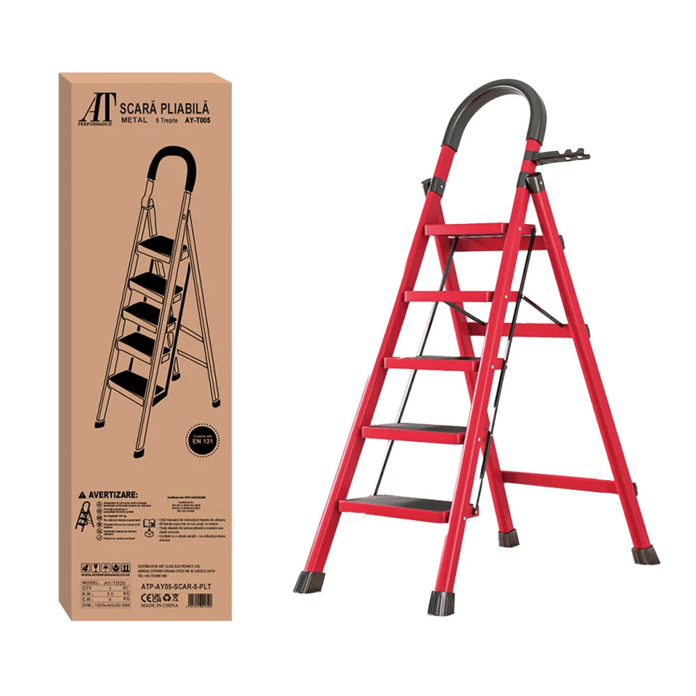 Scara Pliabila cu 5 Trepte Late, At Performance, Metalica, Maxim 150 Kg, Picioare Antialunecare, Rosu-Negru