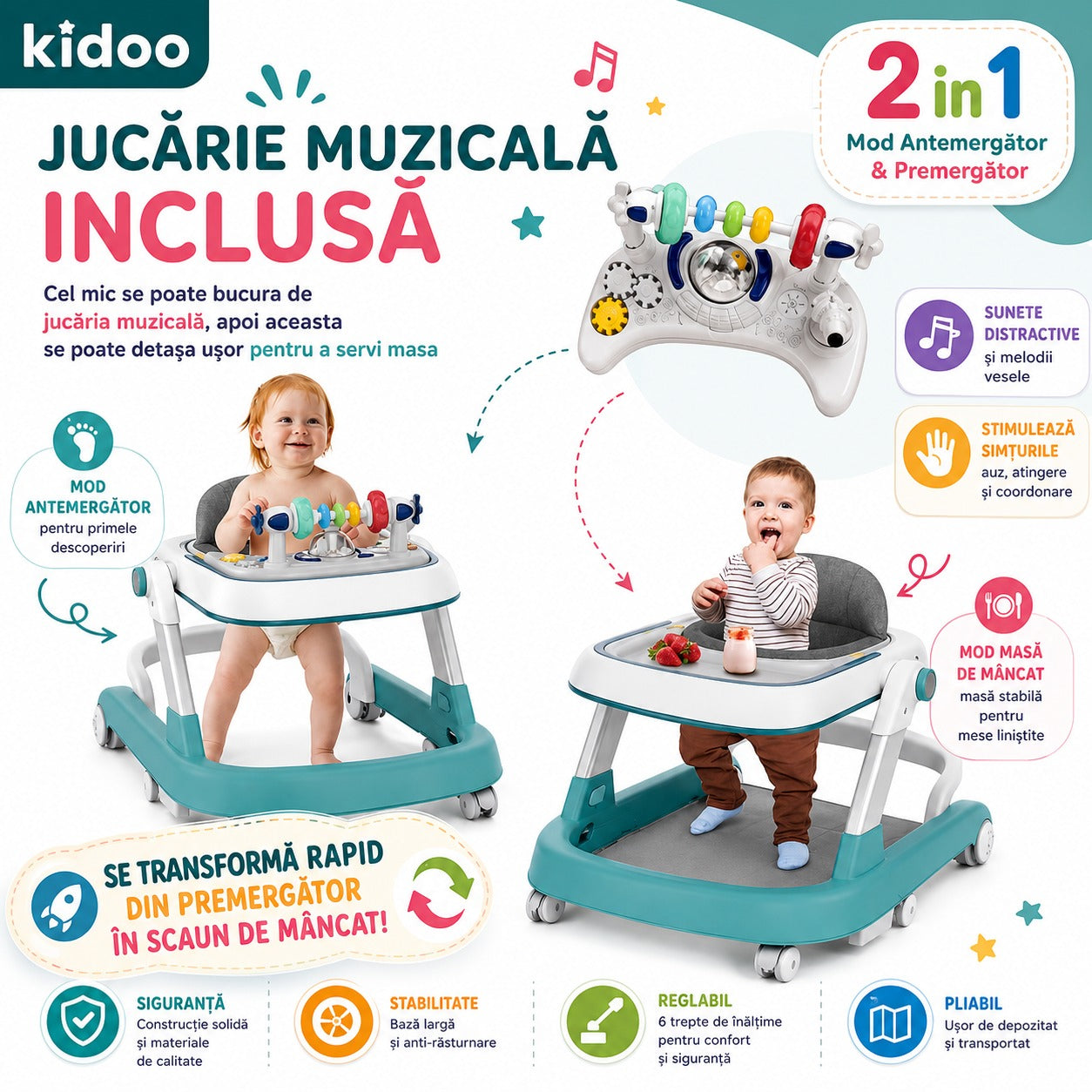 Premergător educațional 3 în 1 KIDOO®, pentru copii | Masuță, Premergător ; Antemergător | Reglabil, Muzical, Anti-cădere