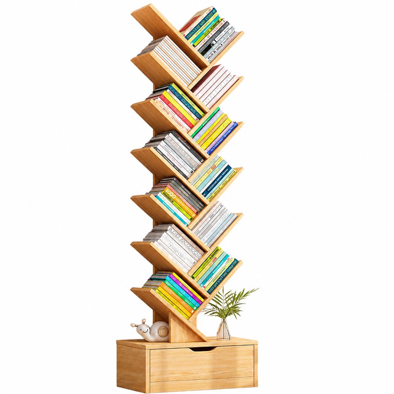 Bibliotecă Tip Arbore cu 12 Niveluri și Sertar Inferior, Raft pentru Cărți Modern, Economisire Spațiu pentru Living, Dormitor și Birou