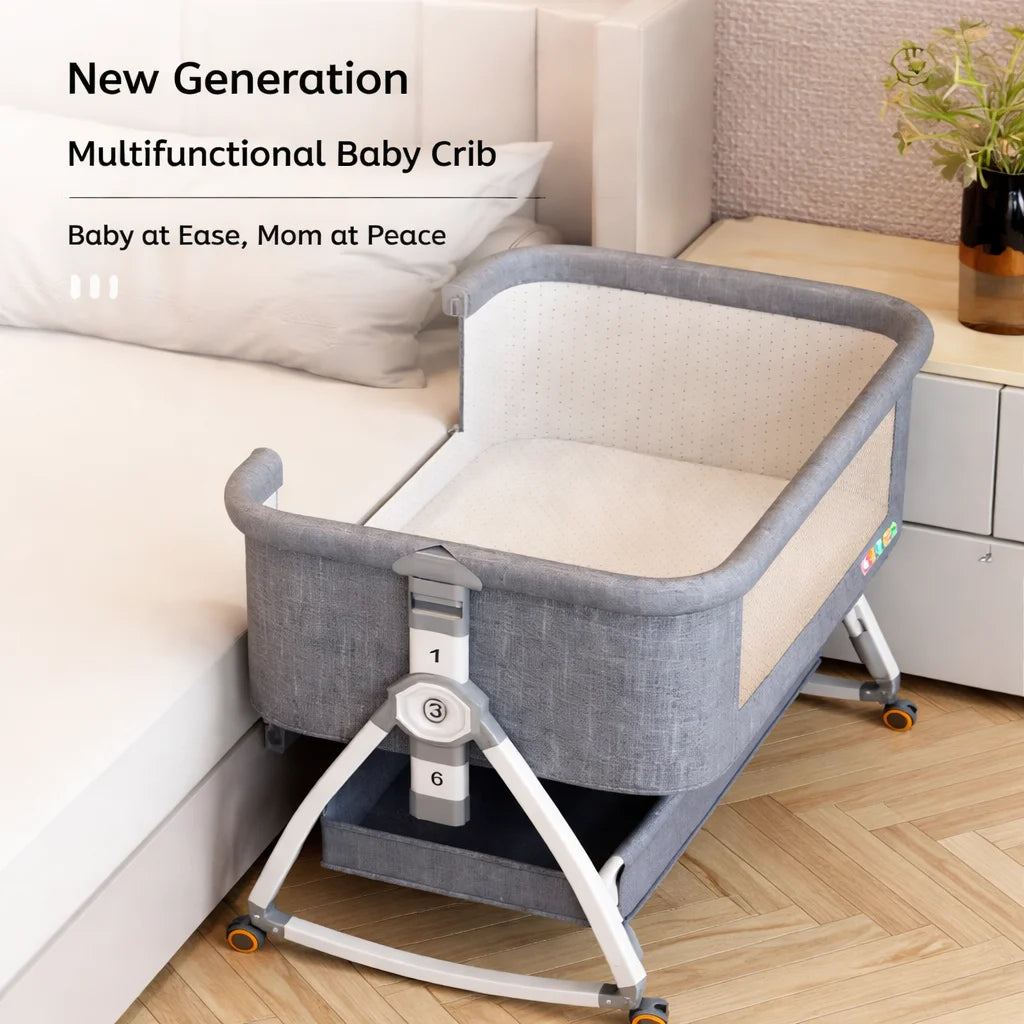 Pat portabil pentru bebeluși KIDOO® 3 în 1 cu saltea confortabilă, înălțime reglabilă, roți și pliere ușoară – ideal pentru nou-născuți, gri